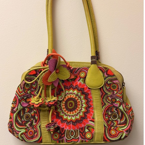 Mary Frances Beaded Leather Mandala Shoulder Bag Lime Green Floral Charms Boho